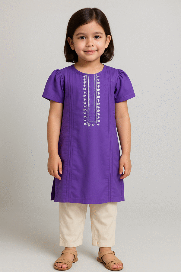 Little girl wearing a stylish purple embroidered kurti with beige trousers and brown sandals – kids ethnic wear fashion