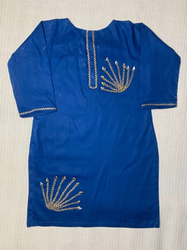 Royal blue kids kurta with golden gota embroidery on neckline, sleeve cuffs, and hem, laid flat on a light textured background for product showcase